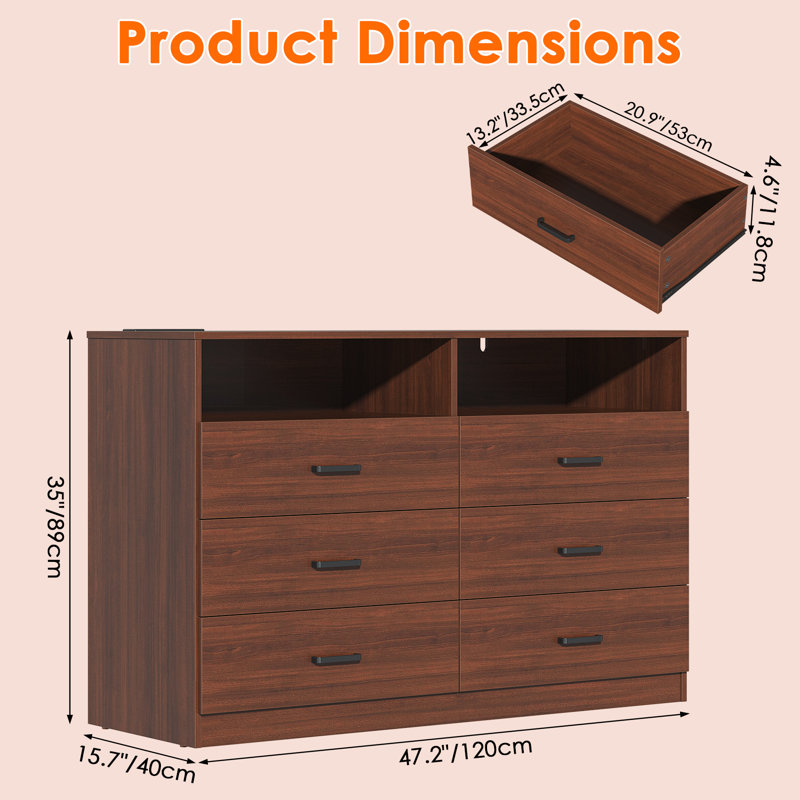6 Drawer Dresser with Power Outlet, Dresser with LED Light, Modern Chest of Drawers with Open Storage Cubbies for Closet, Double Wide Drawer Organizer Cabinet for Bedroom, Living Room