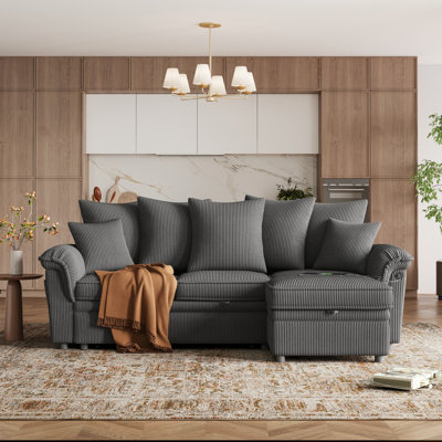  Felipe 90.5'' Upholstered L-shape Modular Sectional with Storage, Pull-out Couch & USB Port