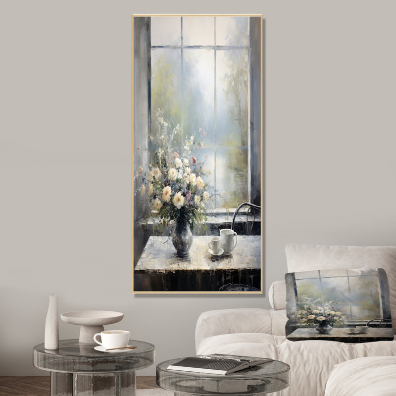 «Grey Misty River Window View I - Farmhouse Windows», art mural, Cadre flottant brun, 32" H x 16" W