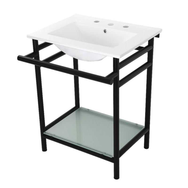 Lavabo console Kingston en céramique Sheridan 24 pouces avec pieds en acier inoxydable et tablette en verre (3 trous) Kingston