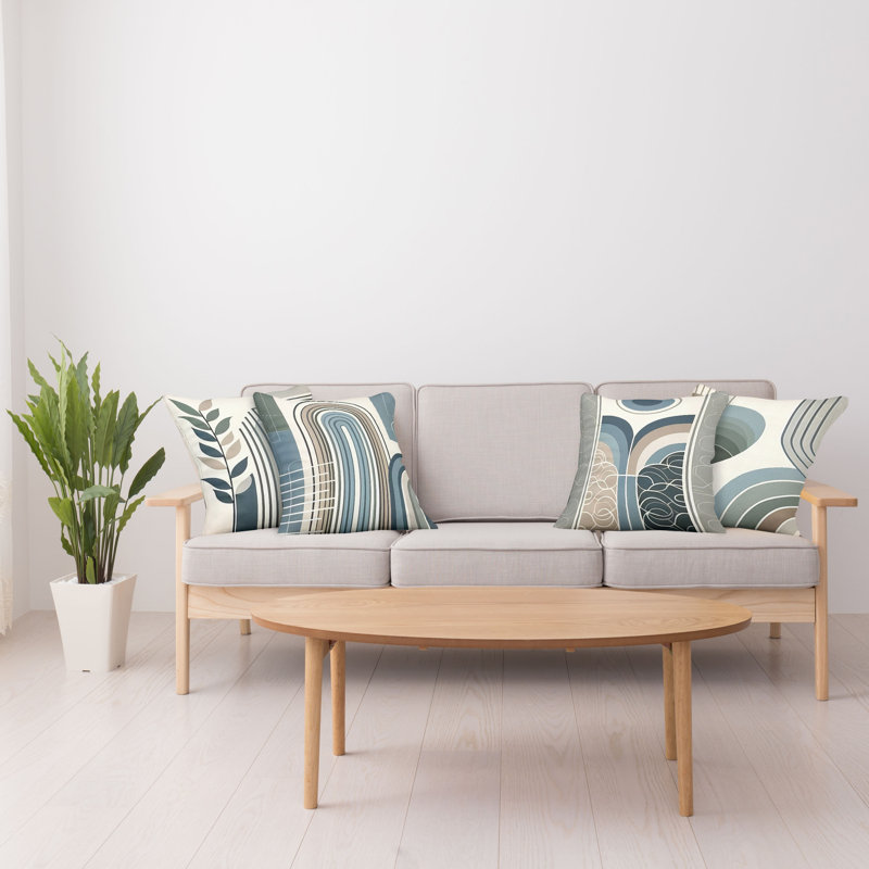 Mid-Century Modern Blue Tan Grey Teal Polyester Pillow Covers, 18" Set of 4