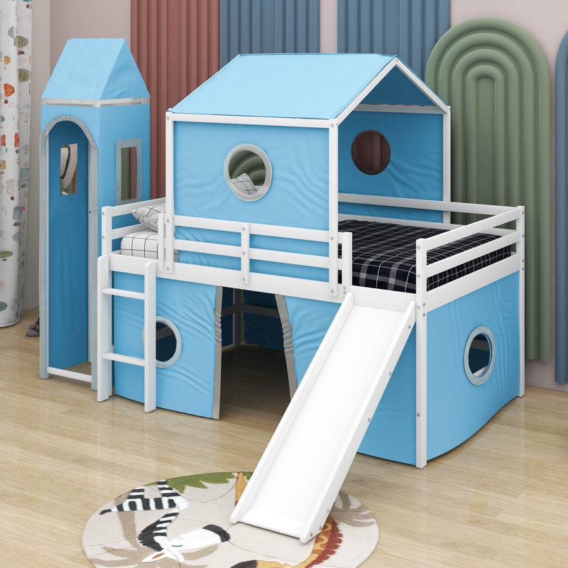 Twin Size Loft Bed With Slide And Tower, Blue