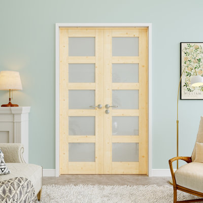 48" x 80" 5-Lite Pine Wood Frosted Glass Double Doors, French Doors Slab Replacement, Privacy Glass Door Slab, Paintable & Waterproof, Suit for Pantry Door, Laundry Door, Closet Door, Room Door, Home Office Door