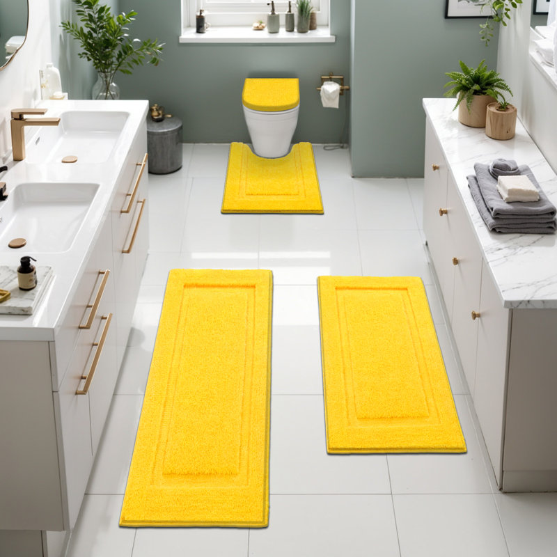 4 Piece Soft Absorbent Microfiber Bath Rug Set with Non-Slip Backing, Yellow