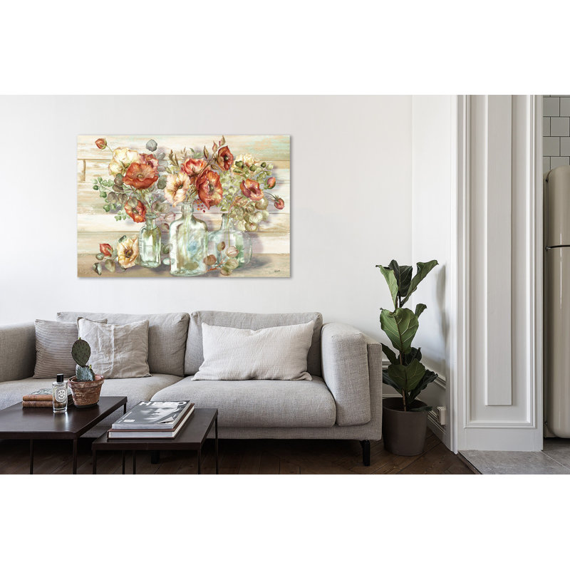 Poppies In Vintage Glass Bottles - Wrapped Canvas Print, 81.3 cm H x 121.9 cm W