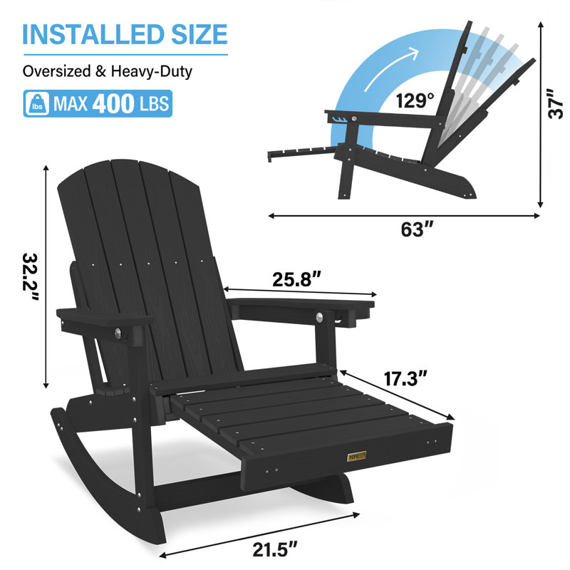 Chaise berçante d'extérieur surdimensionnée en plastique Adirondack, Noir, noir, noir, noir