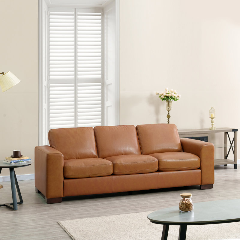  Ajmy 84" Modern Oversized Genuine Leather Sofa, 3 Seater Comfy Couch for Home Office, Apartment & Living Room, Removable Cushions, Wide Square Arms