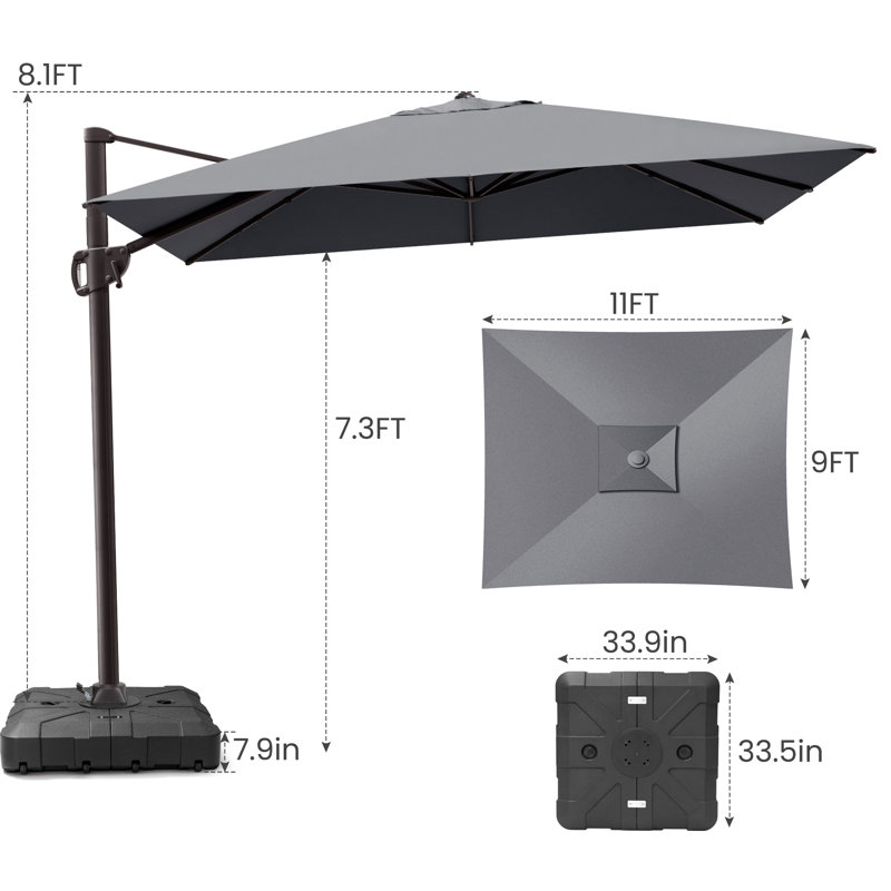 11' X 9' Rectangular Cantilever Umbrella With Weighted Base, Gris foncé