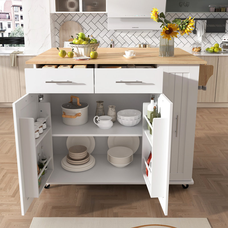 Îlot de cuisine avec abattant, chariot de rangement de cuisine avec organisateur à 3 niveaux, support de rangement interne, chariot de cuisine sur roulettes avec porte-serviettes, 2 tiroirs, pour la cuisine