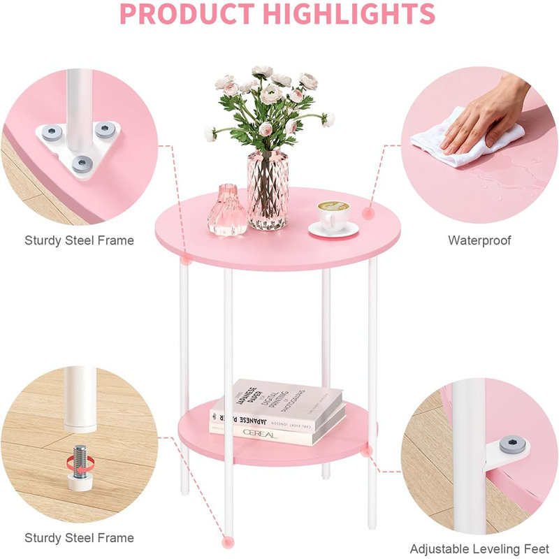 Table d'appoint ronde compacte - Table d'appoint étroite avec deux tablettes pour les petits espaces (rose)