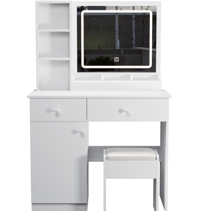 Bureau de coiffeuse avec miroir et éclairage - luminosité réglable, espaces de rangement multiples blancs