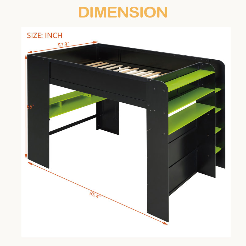 Lit double superposé en bois pleine grandeur avec bureau à hauteur réglable, garde-robe, grand espace de rangement et lumière RVB