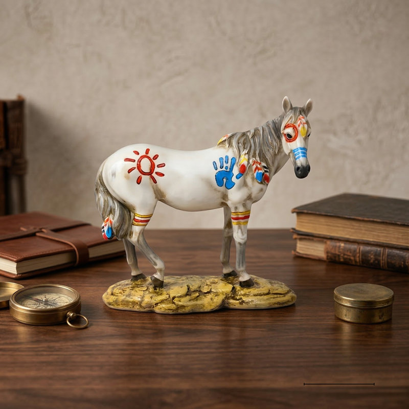 Figurine de cheval de résine en résine peinte sculpture de poney avec base en pierre