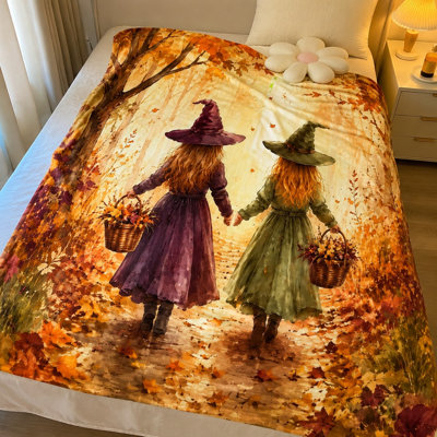Cozy Autumn Witch Duo Throw Blanket, Whimsical Fall Artwork Plush Bedding for Sofa Couch Bedroom Living Room Home Decoration