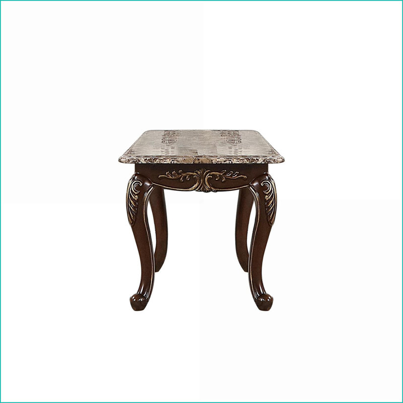 Table basse Gloria au fini cerisier avec plateau en marbre véritable, polyvalente pour le salon, aucun assemblage requis