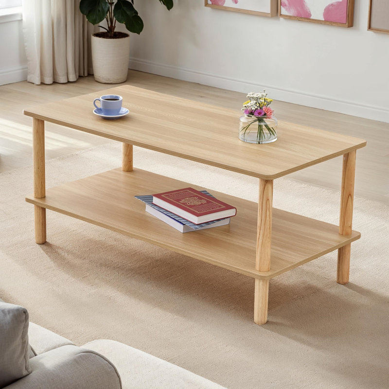 Open Storage Coffee Table Rectangular Center Table with 2-Tier Shelf, Wood