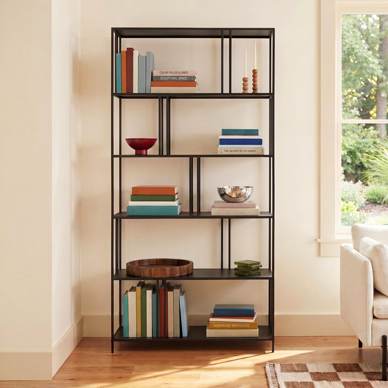 Cortland 76"H 5-Tier Metal Wide Rectangular Bookcase in Blackened Bronze, Blackened Bronze