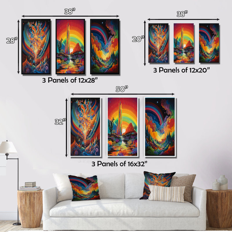 «Mysterious Rainbow Vision Landscape», 3 pièces sur toile, Toile tendue, H 20 po x l 36 po