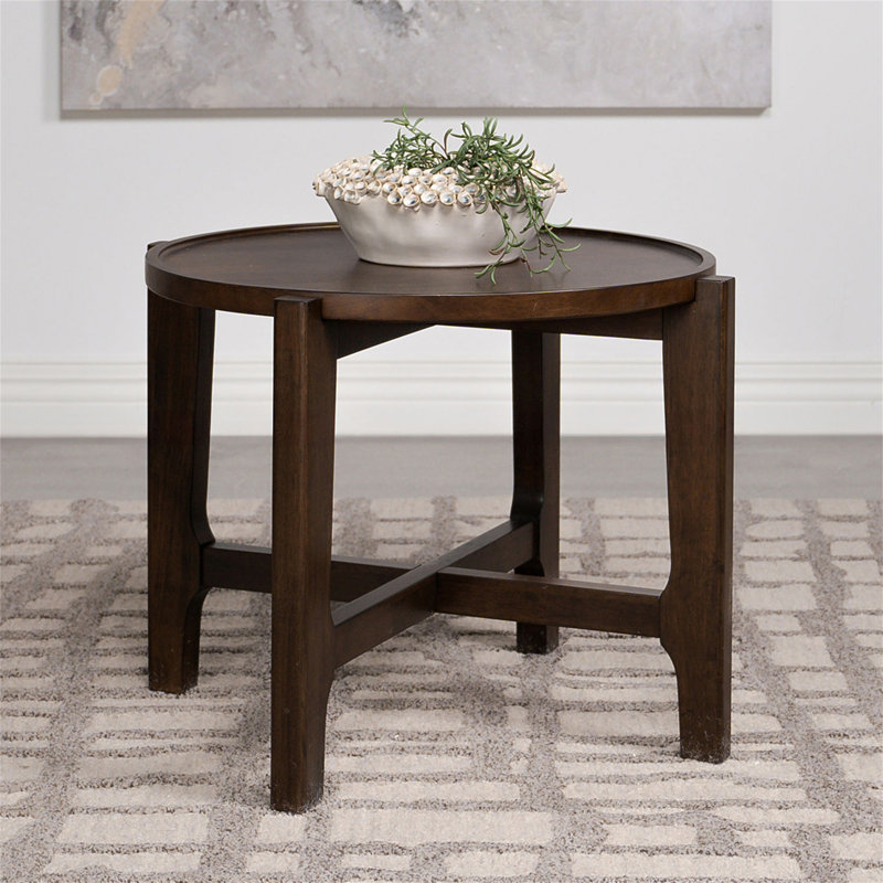 Table de bout ronde en bois massif brun foncé