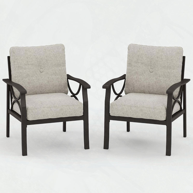 Ensemble de 2 fauteuils en métal toutes saisons avec coussins beiges moelleux, design moderne, Beige, Brun