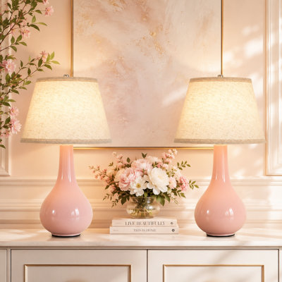 Grande lampe de table en céramique 18,11 po, corps brillant rose pâle avec abat-jour en lin, idéale pour la chambre à coucher, le salon, le chevet, le bureau
