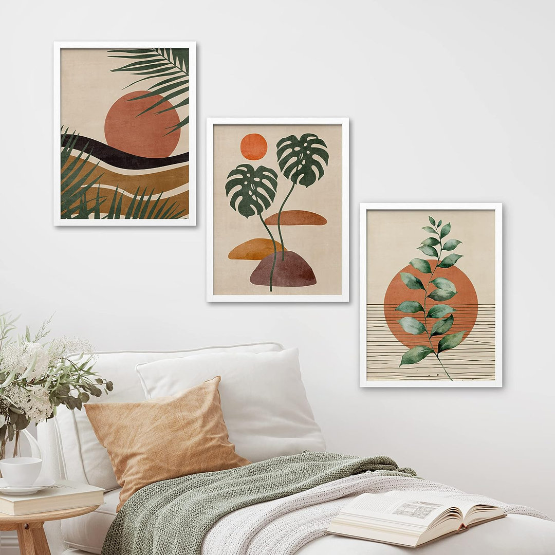 Mid Century Modern Boho " IDEA4WALL Framed Mid-Century Tropical Plant Wall Art, Set Of 3 Desert Landscape & Sun Abstract Geometric Wall Decor Prints, Nature Wilderness Wall Décor For Living Room, Bedroom " 3 - Pieces IDEA4WALL Frame