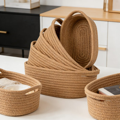 Cotton Rope Storage Basket Set With Handles, 5-Piece Decorative Organizer Bins For Bathroom, Closet, Shelf, And Home Organization