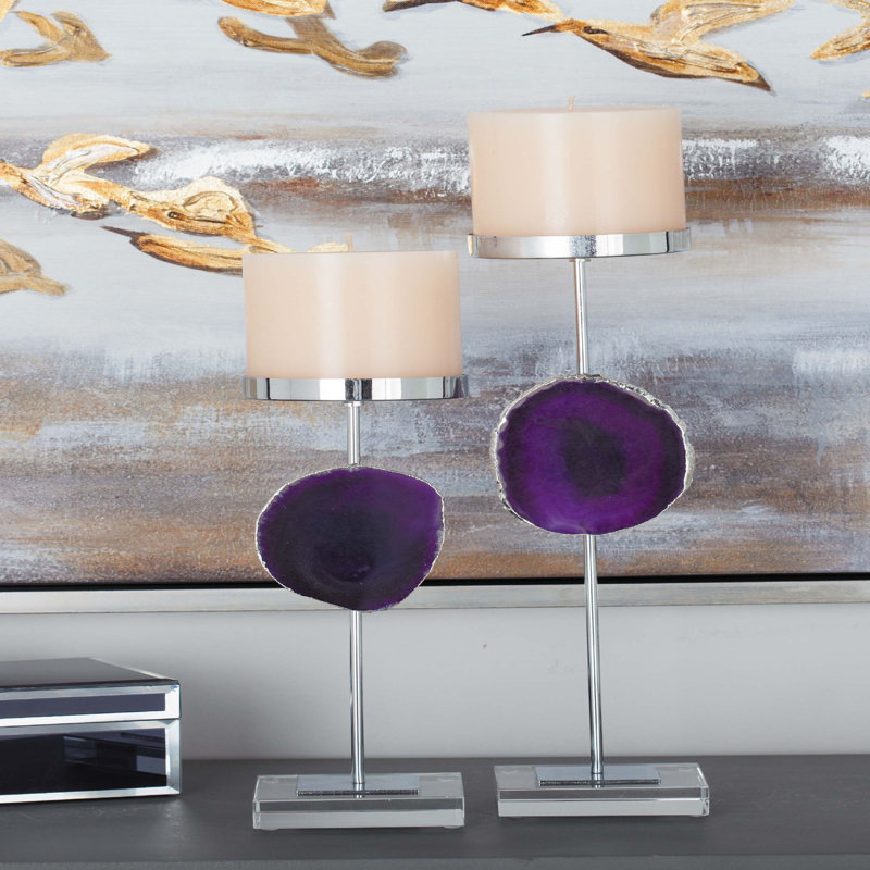 Iron Tabletop Candlestick, Silver/Purple