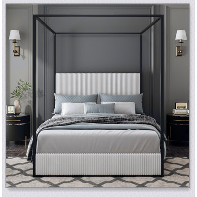 Modern Canopy Bed with Tall Corduroy Headboard & Metal Four Poster – No Box Spring Needed, Easy Assembly