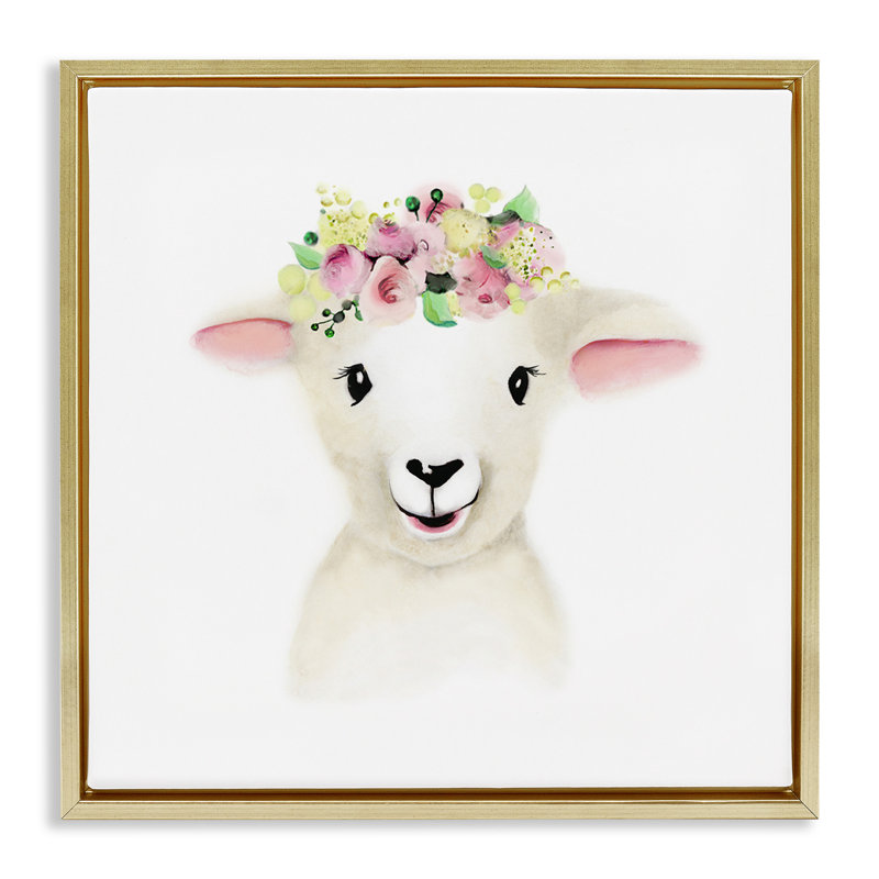 Couronne de fleurs bébé agneau mouton, H 18 po x l 18 po, Cadre flottant métallique doré