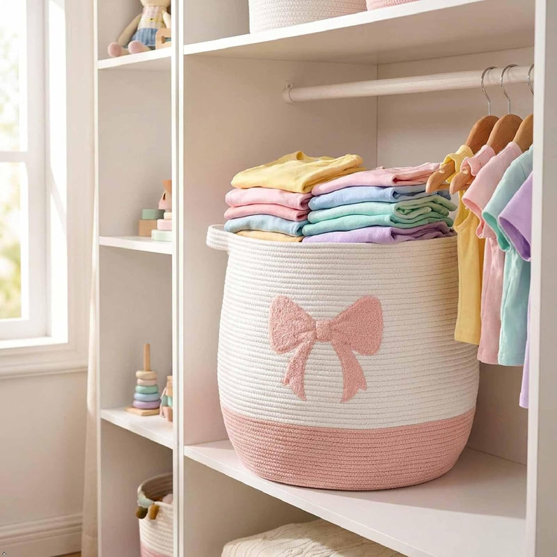 Très grand panier de rangement pliable en corde de coton avec arc et poignées, panier à linge polyvalent pour jouets, couvertures, vêtements, salle de bain, salle de jeux, chambre de bébé, chambre à coucher