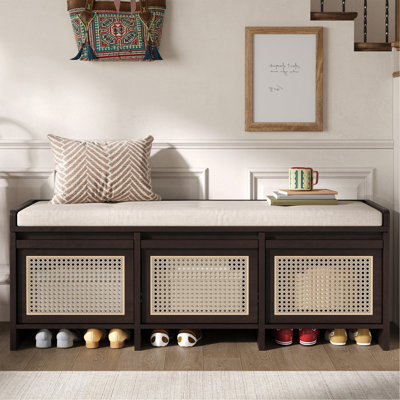 48" Entryway Shoe Bench, Retro Storage Bench With Rattan Drawers & Removable Button‑Tufted Upholstered Cushion For Living Room, Hallway, Foyer, Stair Landing, 5 Colors Available (Espresso)