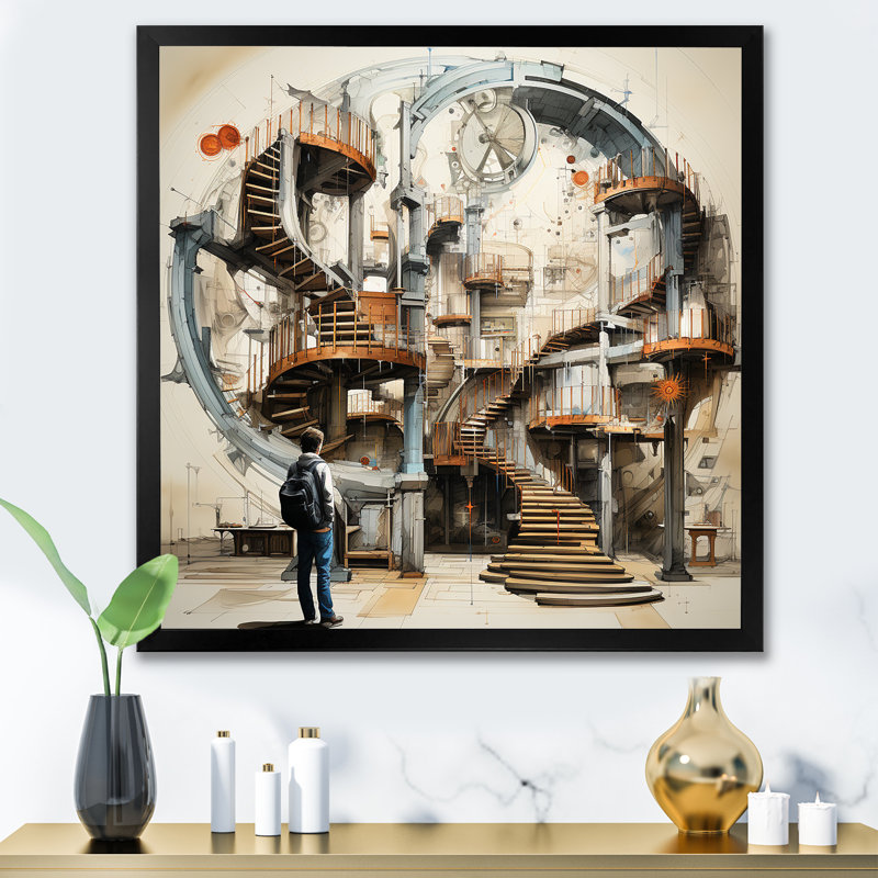 Reproduction d'escalier surréalisme sur toile, Cadre simple noir, H 24 po x l 24 po x P 1 po