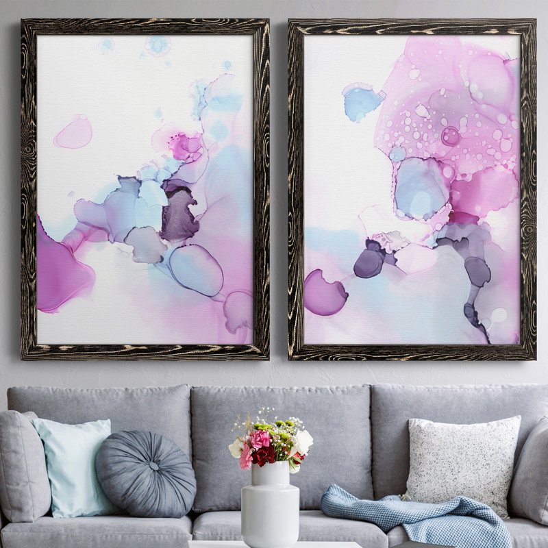 «Fluid Magenta III», ensemble de 2 peintures encadrées, H 20 po x l 34 po x P 1,5 po, Toile avec cadre noir
