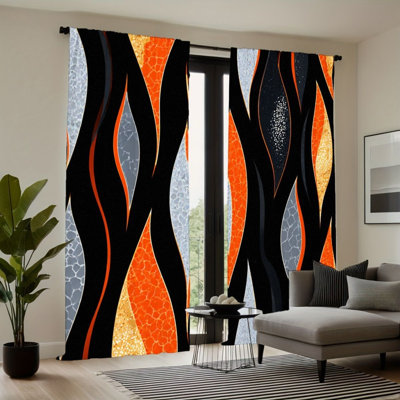 Rideau filtrant la lumière de style abstrait 2PCS avec motif de vagues gris noir et orange, décor moderne pour la maison, conception facile avec passe-tringle, rideaux toutes saisons pour le salon