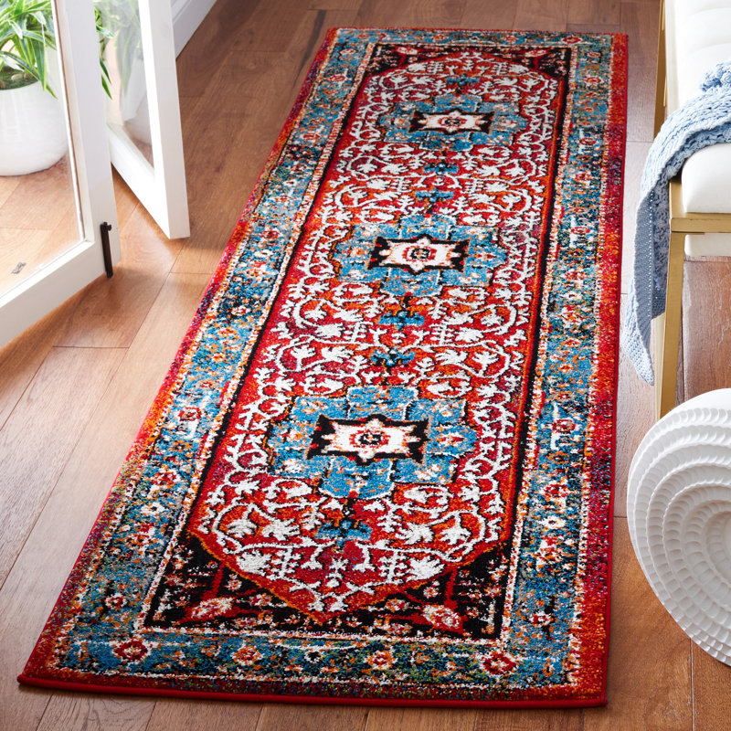 Tapis rétro bleu / rouge Hamadan 259, Tapis de couloir 2 pi 3 po x 8 pi