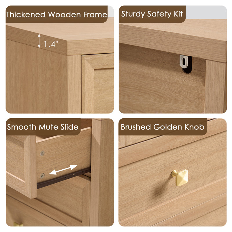 Mid-Century 3D design 31'' W 3-Drawers Nightstands Set of 2, Natural