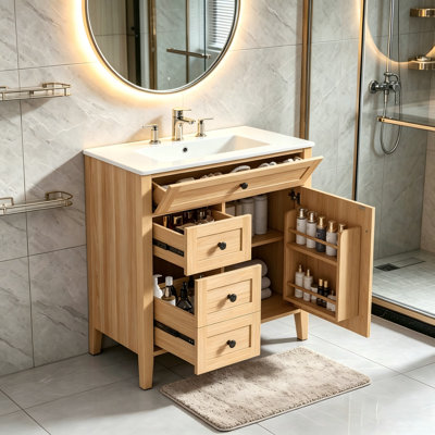 30" Natural Wood Grain Single Bathroom Vanity with Ceramic Sink, Soft-Close Mechanism, Tip-Out Drawer & Storage Shelf on Door, Adjustable Shelf