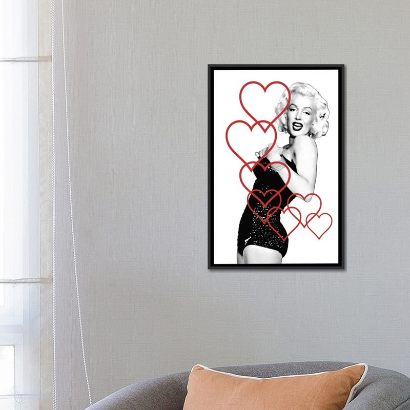 Marilyn Monroe Bubble Hearts - impression d'art graphique, H 26 po x l 18 po x 1,5 po, Aucun mat, Toile avec cadre noir