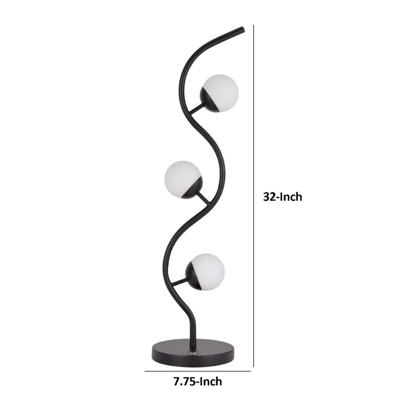 Lampe de table 3 lumières, base ondulée en métal noir, verre blanc givré, 32 pouces