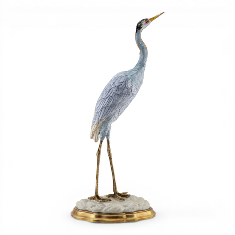 Luxury Porcelain Heron Sculpture with Bronze Rim Base
