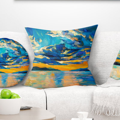 Orange Sunset with Blue Sky - Sea & Shore Printed Throw Pillow