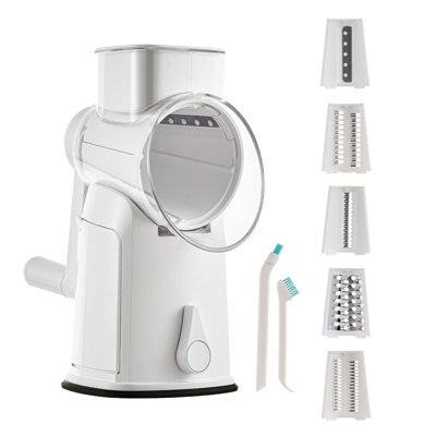 5-in-1 Rotary Cheese Grater with Strong Suction Base, 5 Interchangeable Blades, Easy to Clean, Hand Crank Kitchen Shredder for Vegetables & Fruits(White)