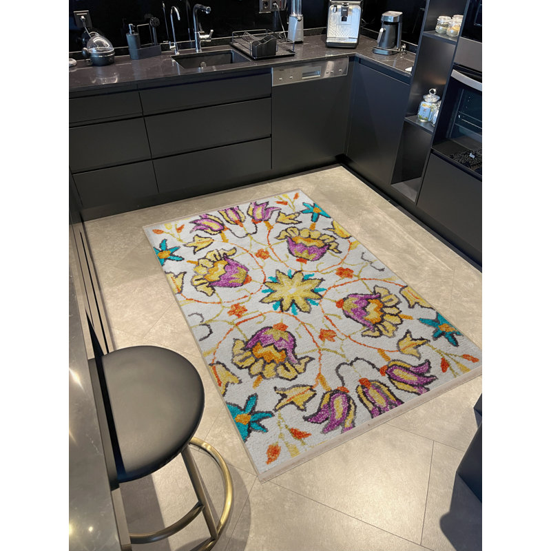 Tapis décoratif floral multicolore et rose à franges, Tapis de couloir 3 pi 3,37 po x 6 pi 6,74 po