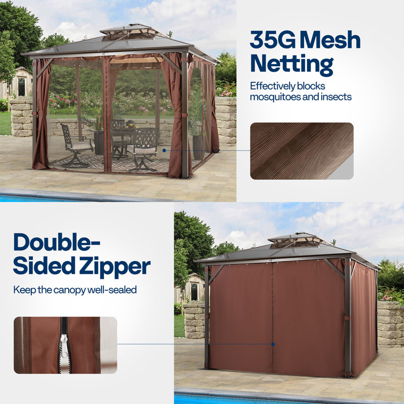 10 ft x 10 ft Brown Aluminum Patio Gazebo with Polycarbonate Roof