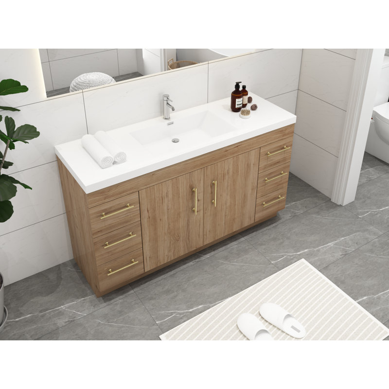 Ensemble de meuble-lavabo simple 59 po Carliss, Naturel / chêne, Or