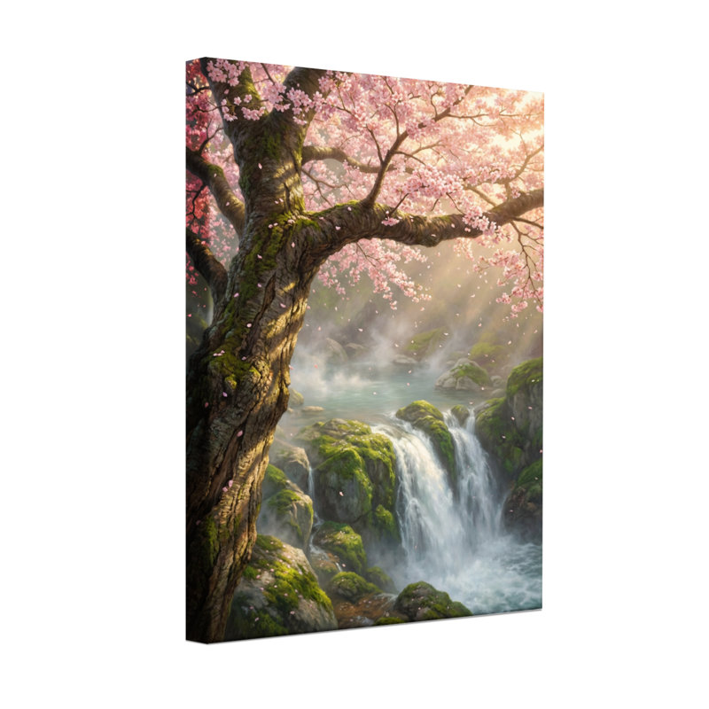 Plants & Flowers Cherry Blossom Tree Waterfall Landscape Spring Nature Art Print, 18" H x 12" W