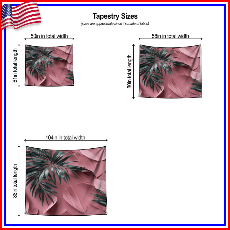 Tapisserie murale feuilles de palmier tropical rose, H 68 po x l 80 po avec 4 œillets