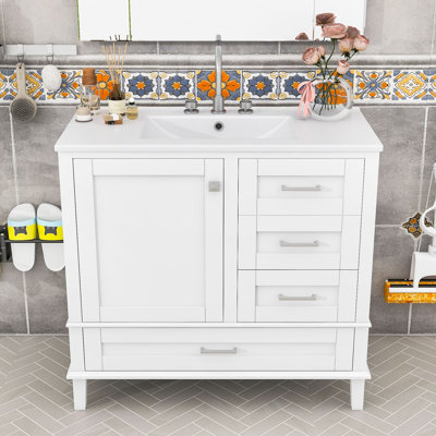 Contemporary Wood Single Bathroom Vanity with Soft-Close Door, Ceramic Basin and Storage Drawers
