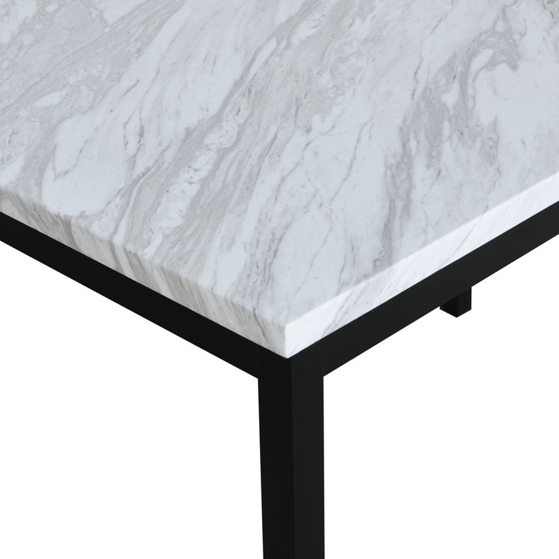 Ensemble de coin-repas en métal 5 pièces avec plateau en faux marbre blanc cassé stratifié, 4 chaises noires